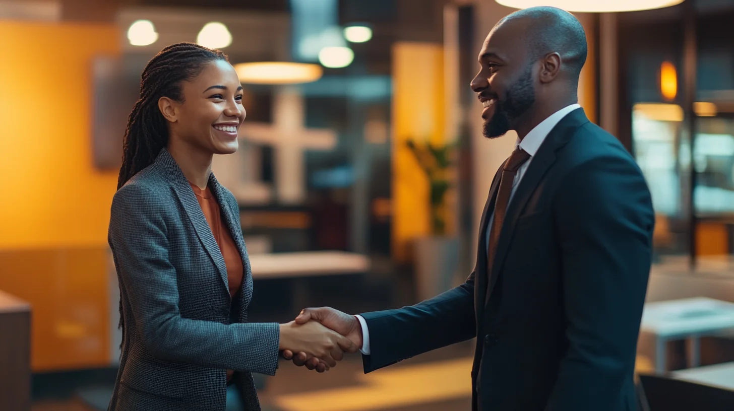 Two business professionals shaking hands representing trust and partnership at Sunbit