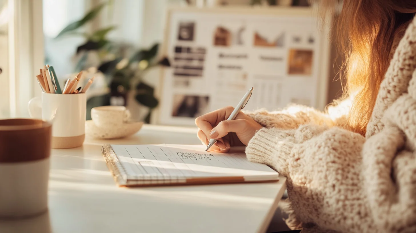 Motivated person writing in planner journal