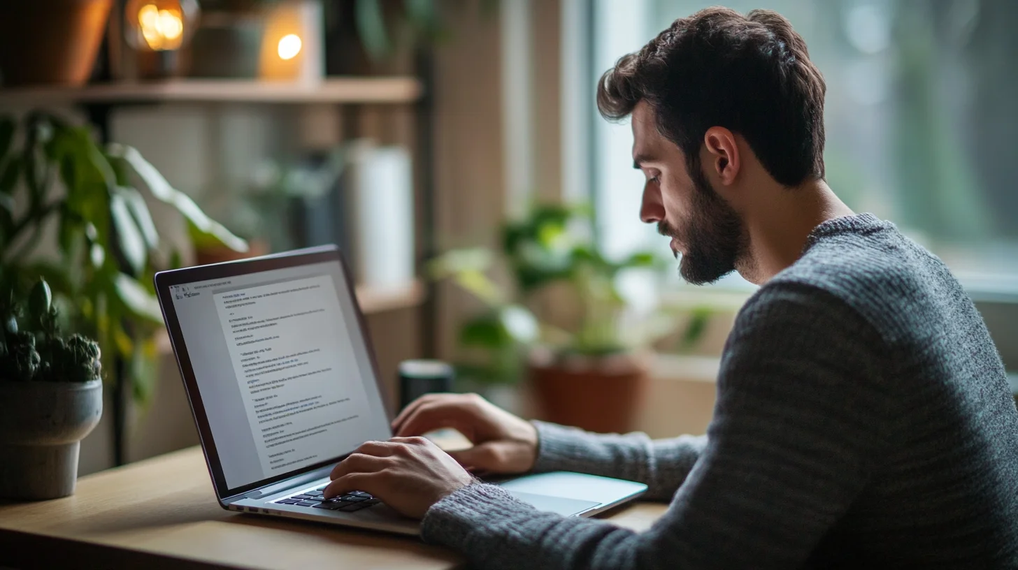 Cautious person scrutinizing email on laptop screen