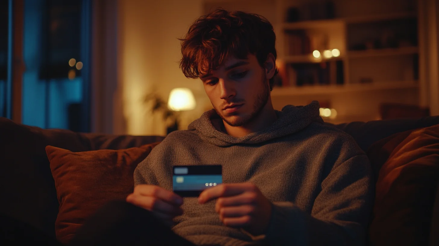 Young man looking thoughtfully at credit card