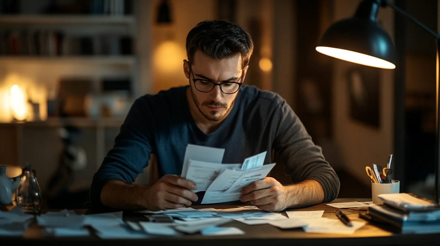 Young professional organizing expense receipts
