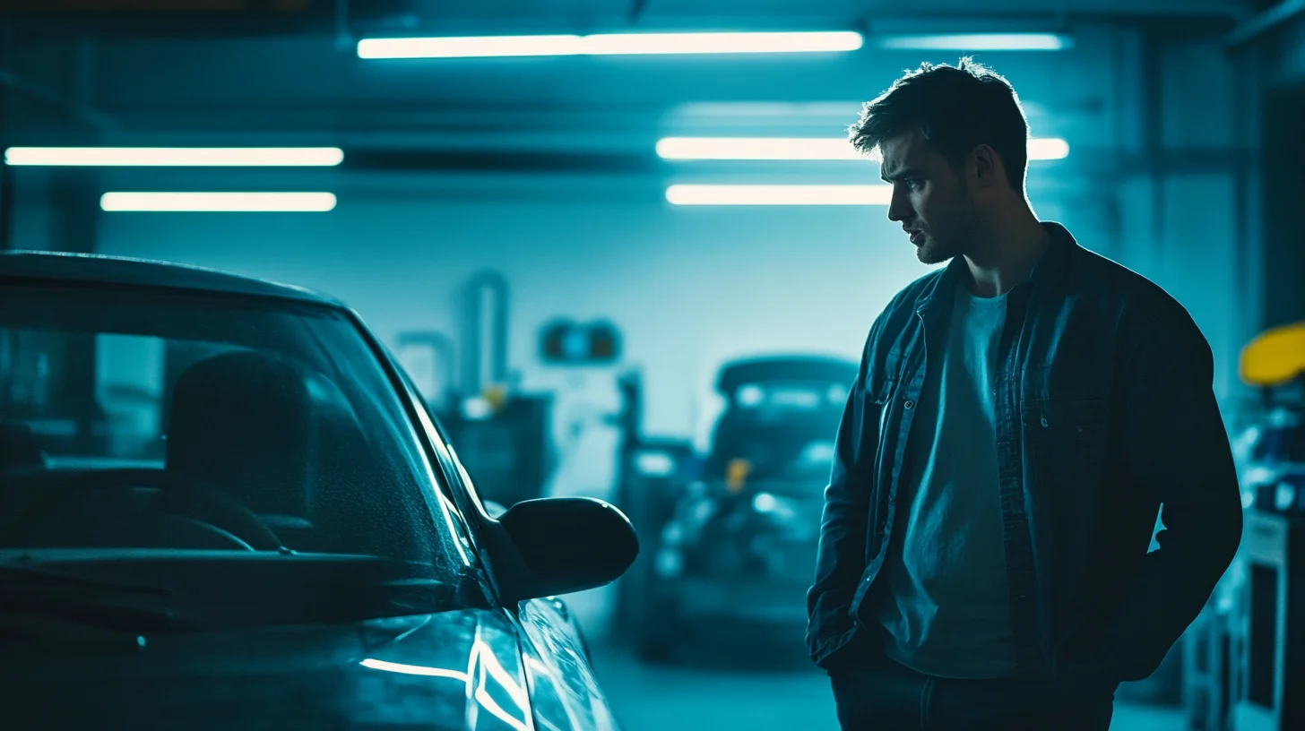 Person standing next to car in auto repair shop