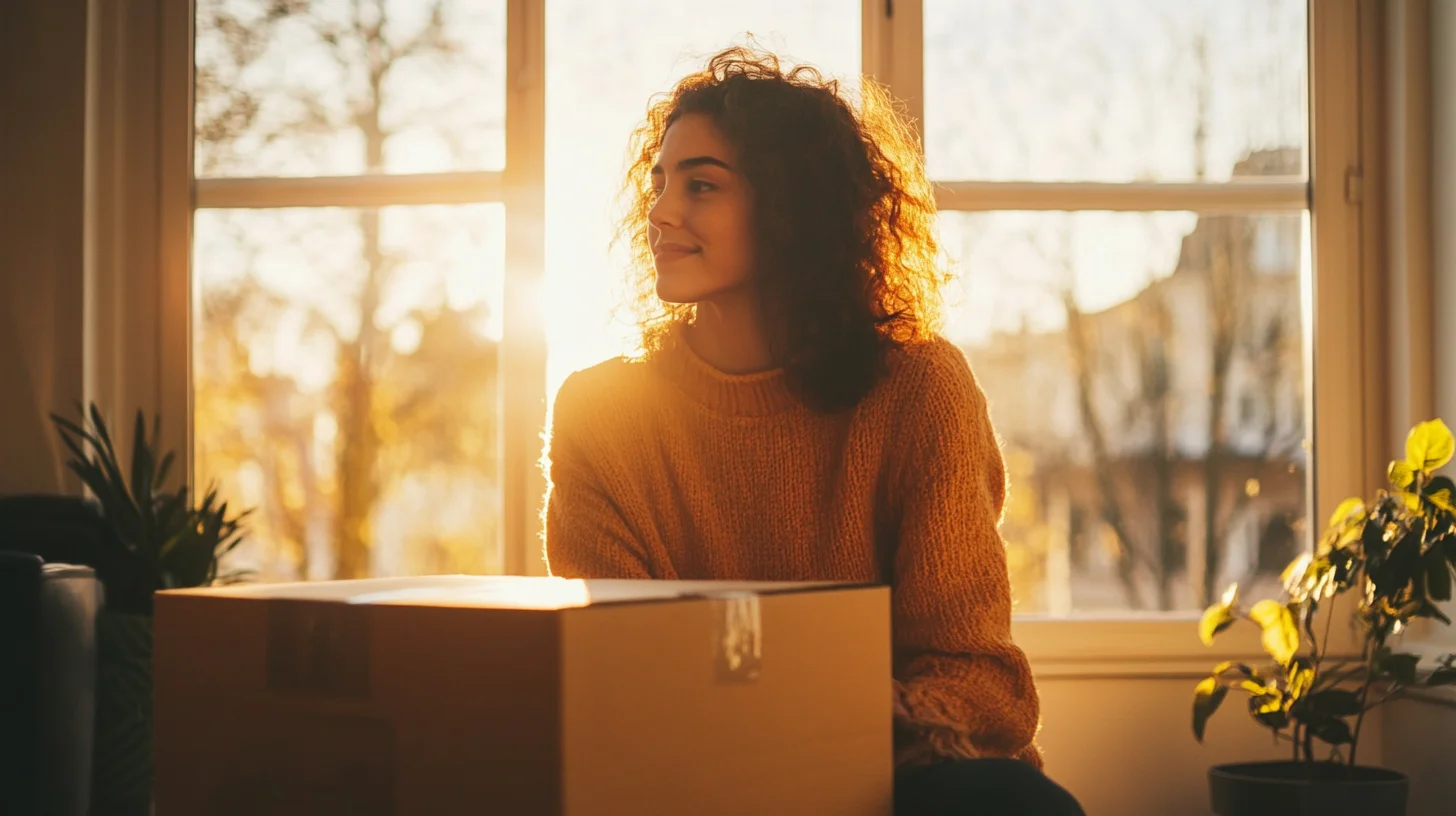 Young woman unpacking cardboard box in new apartment