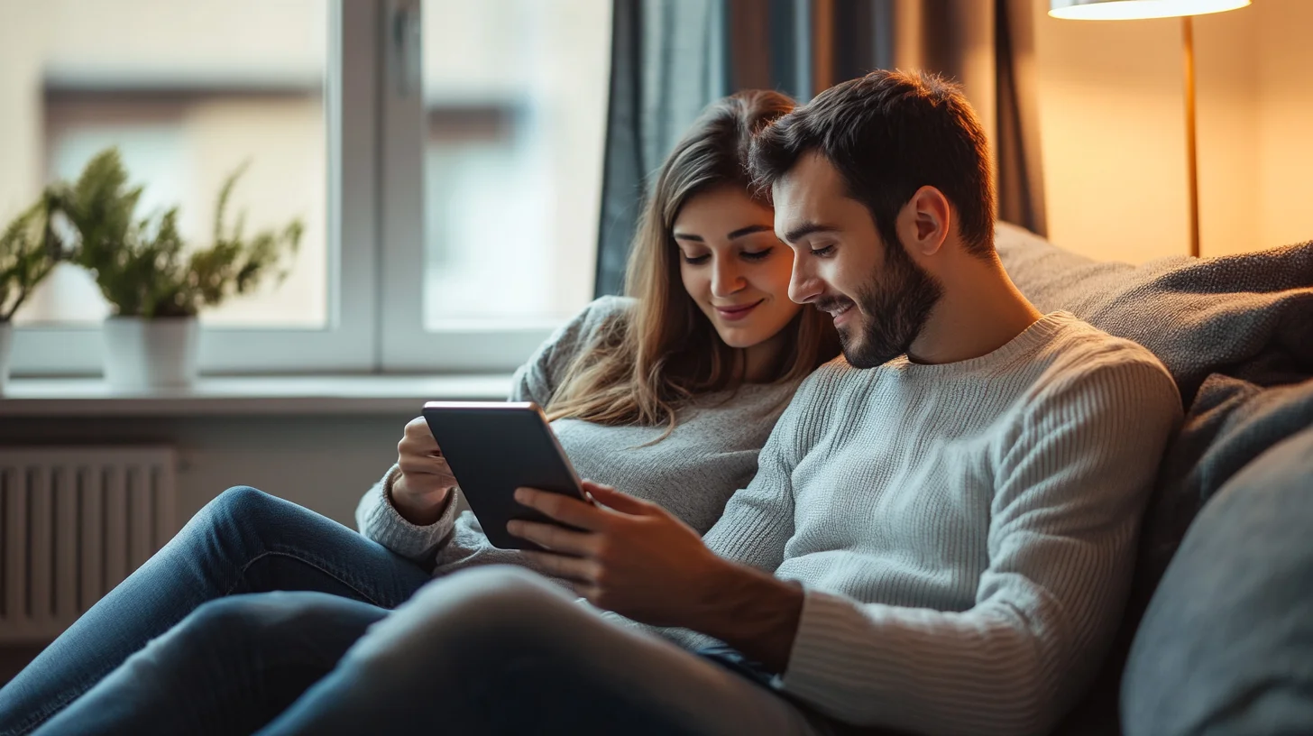 Young couple reviewing loan options together on tablet at home