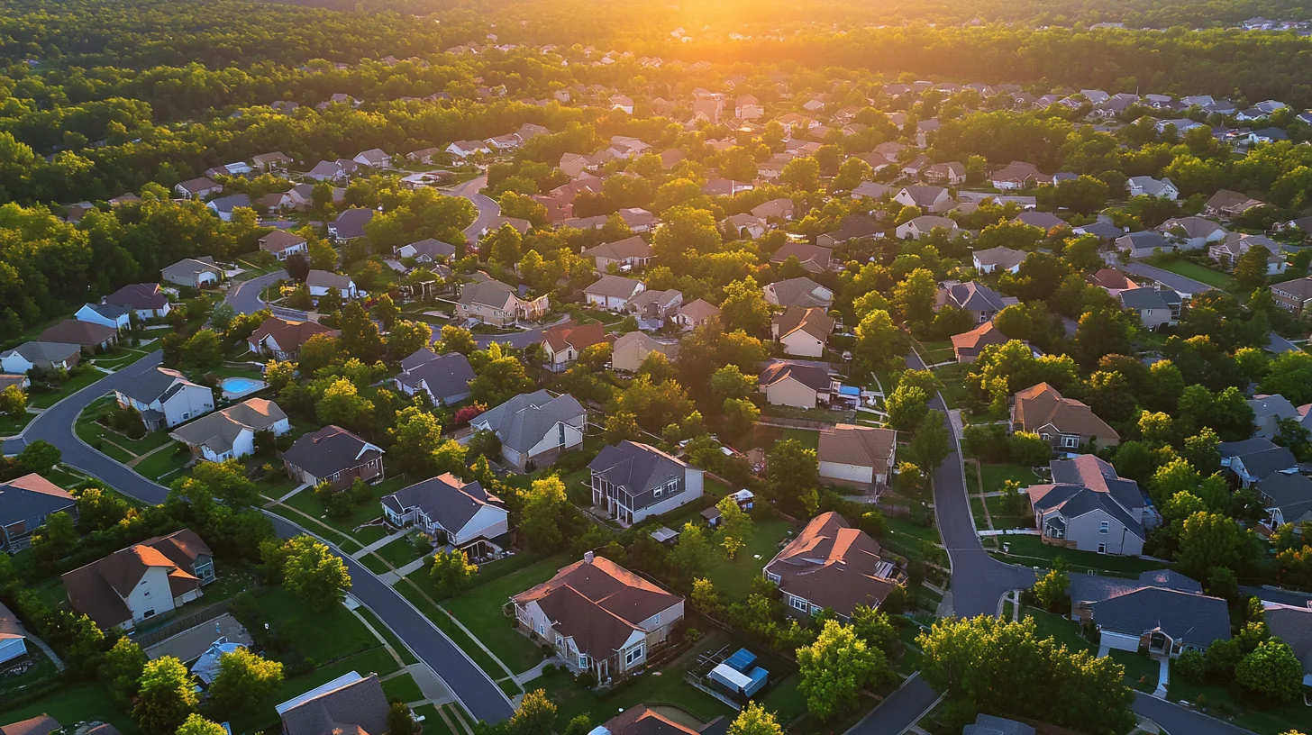 Aerial view of diverse American suburban neighborhoods where Sunbit serves customers